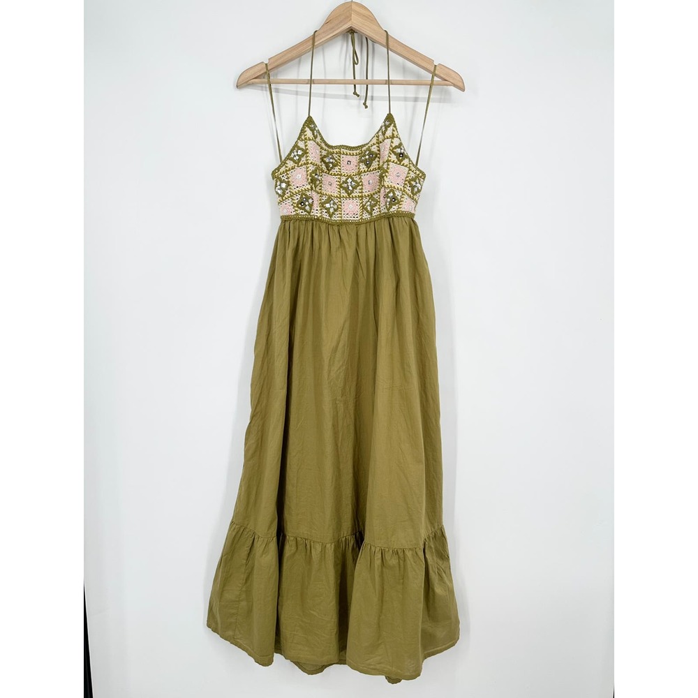 ZARA Granny Square Crochet Dress Halter Ruffle Knit Beaded Midi Green NWT - Picture 3 of 8